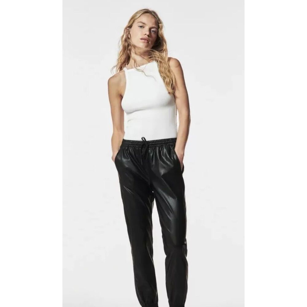 ZARA Faux Leather Drawstring Elastic Waist Jogger, Black, Sz L